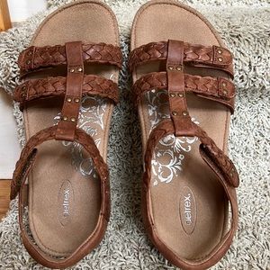Aetrex low heel wedge genuine braided leather adjustable width sandals.
